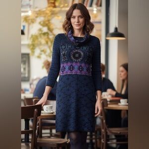 Pause Cafe Wool Blend Knit Artsy Blue Abstract Print Midi Turtleneck Dress M